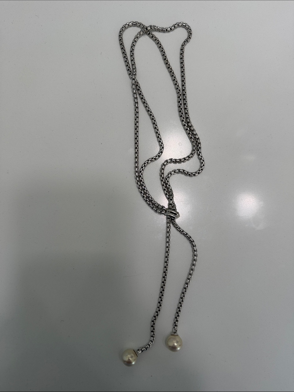 Silver-Tone Chain Lariat Necklace with Pearl Drops